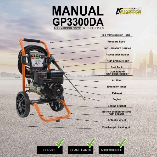Gaspper GP3300DA benzínový vysokotlakový čistič, Briggs & Stratton, 6.3 HP, 220 bar/3.200 PSI – Obrázok 10