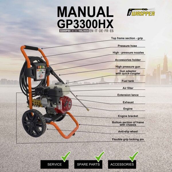 Gaspper GP3300HX benzínový vysokotlakový čistič, Honda, 5.8 HP, 220 bar/3.200 PSI – Obrázok 10