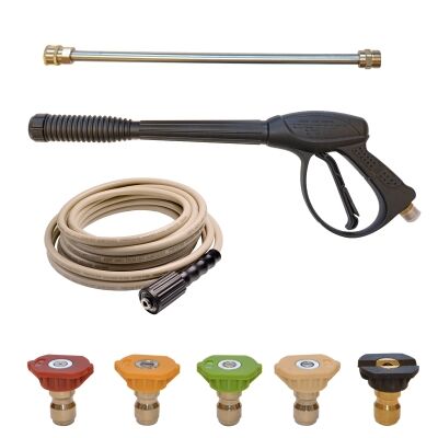 Pressure gun kit, extension, nozzles, hose