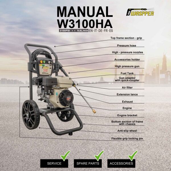 Waspper W3100HA benzínový vysokotlakový čistič, Honda, 5.5 HP, 213 bar/3.100 PSI – Obrázok 9