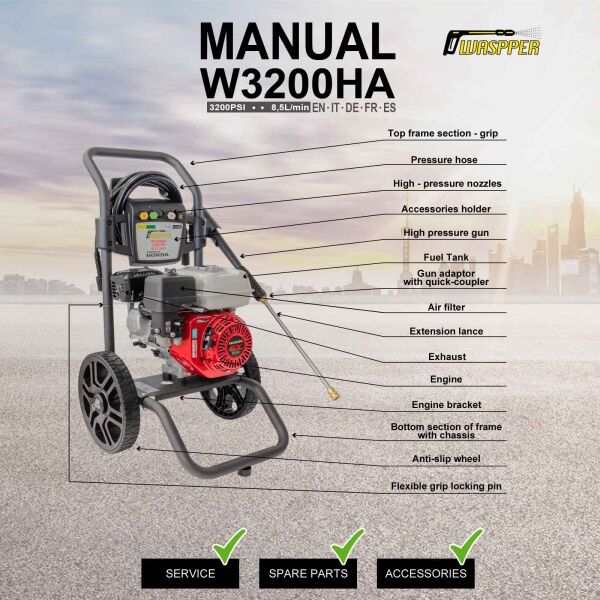 Waspper W3200HA benzínový vysokotlakový čistič, Honda, 6.5 HP, 220 bar/3.200 PSI – Obrázok 16
